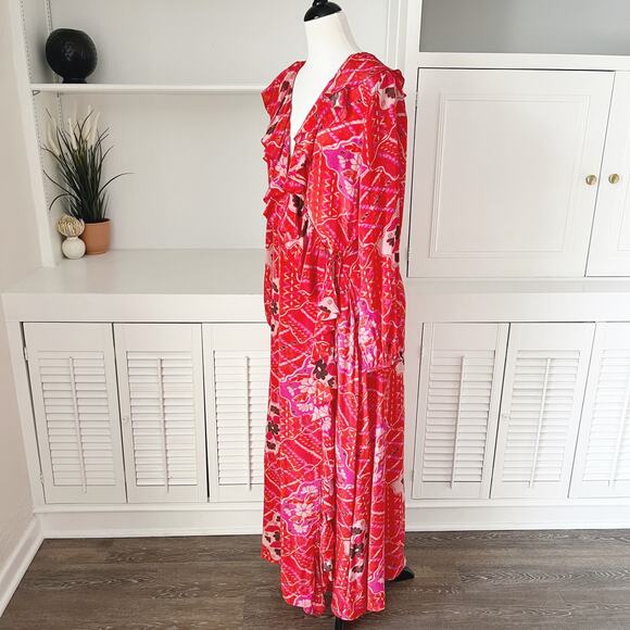 NWT Figue Mosaic Batik Ruffle Trim Arabella Wrap Dress Red Size S/M - Picture 3 of 8